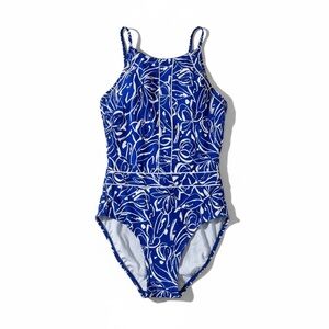Profile By Gottex Tulip High Neck Women  Swimsuit  Blue White Floral Size 4